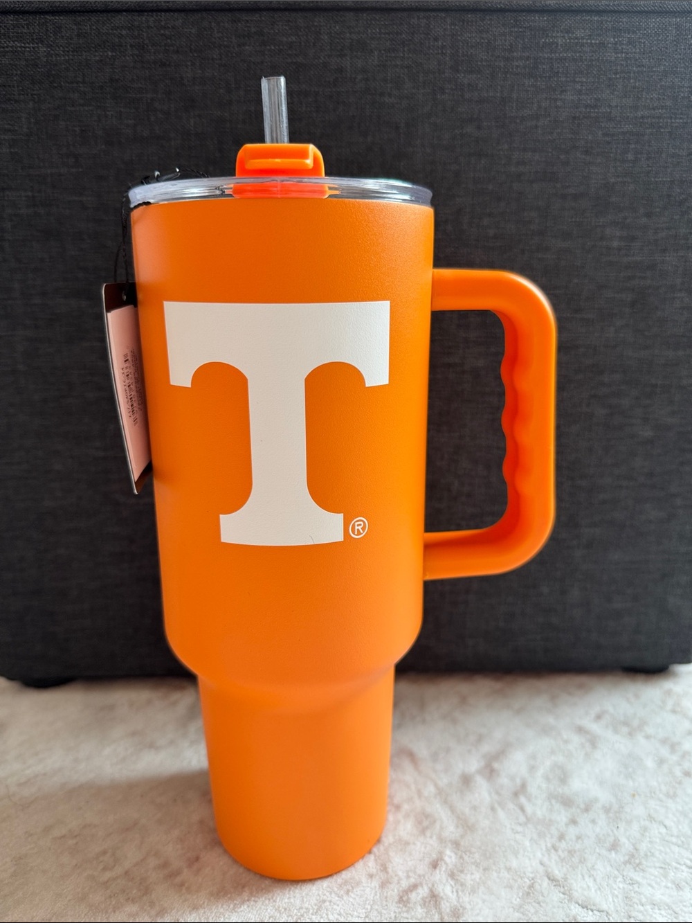 Orange Travel Mug with Handle and White 'T' Logo - 40 oz Stainless Steel Tumbler